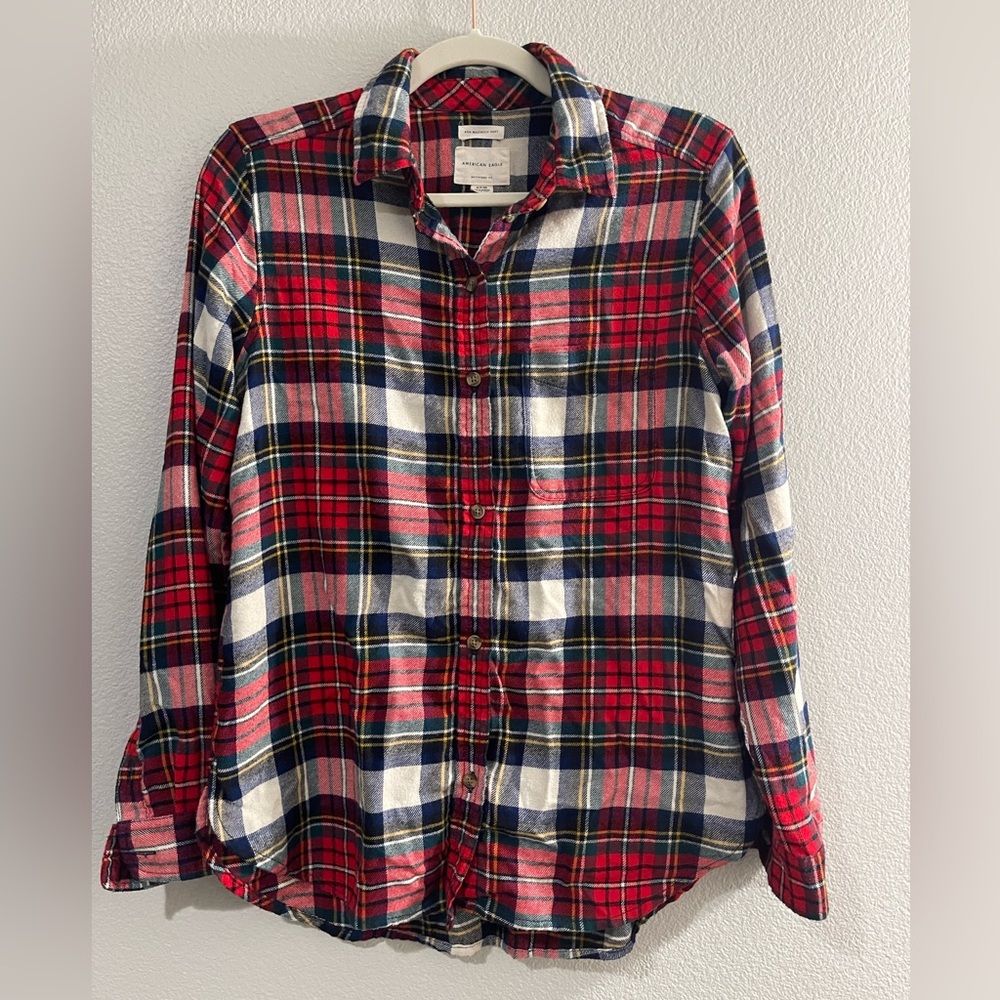 American Eagle Flannel Shirt Plaid Amazing SOFT Boyfriend Fit Red White Women S